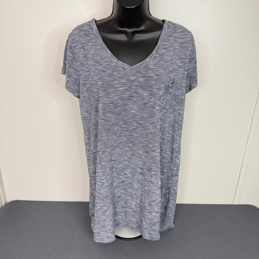 Tahari T-Shirt Womens Medium Blue Space Dye V-Neck Pocket Top WT1648-340-TSA
